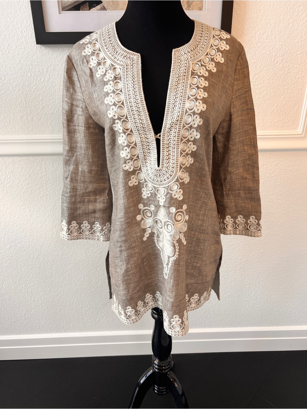 Neutral Embroidered V-Neck Tunic